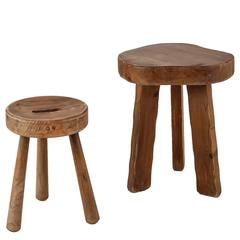Pair of French Modernist studio crafted wooden tripod stools, 1950s