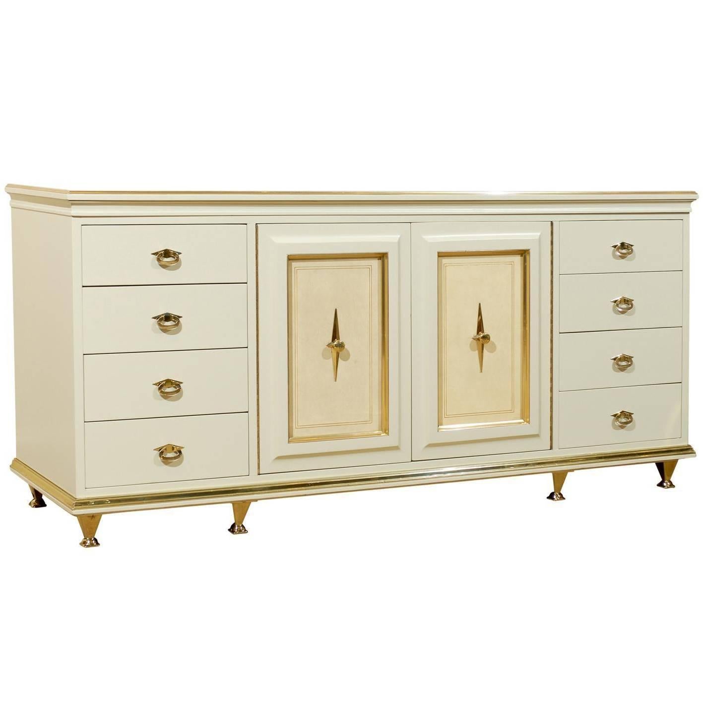 Remarkable Chest or Buffet by American of Martinsville in Cream Lacquer For Sale