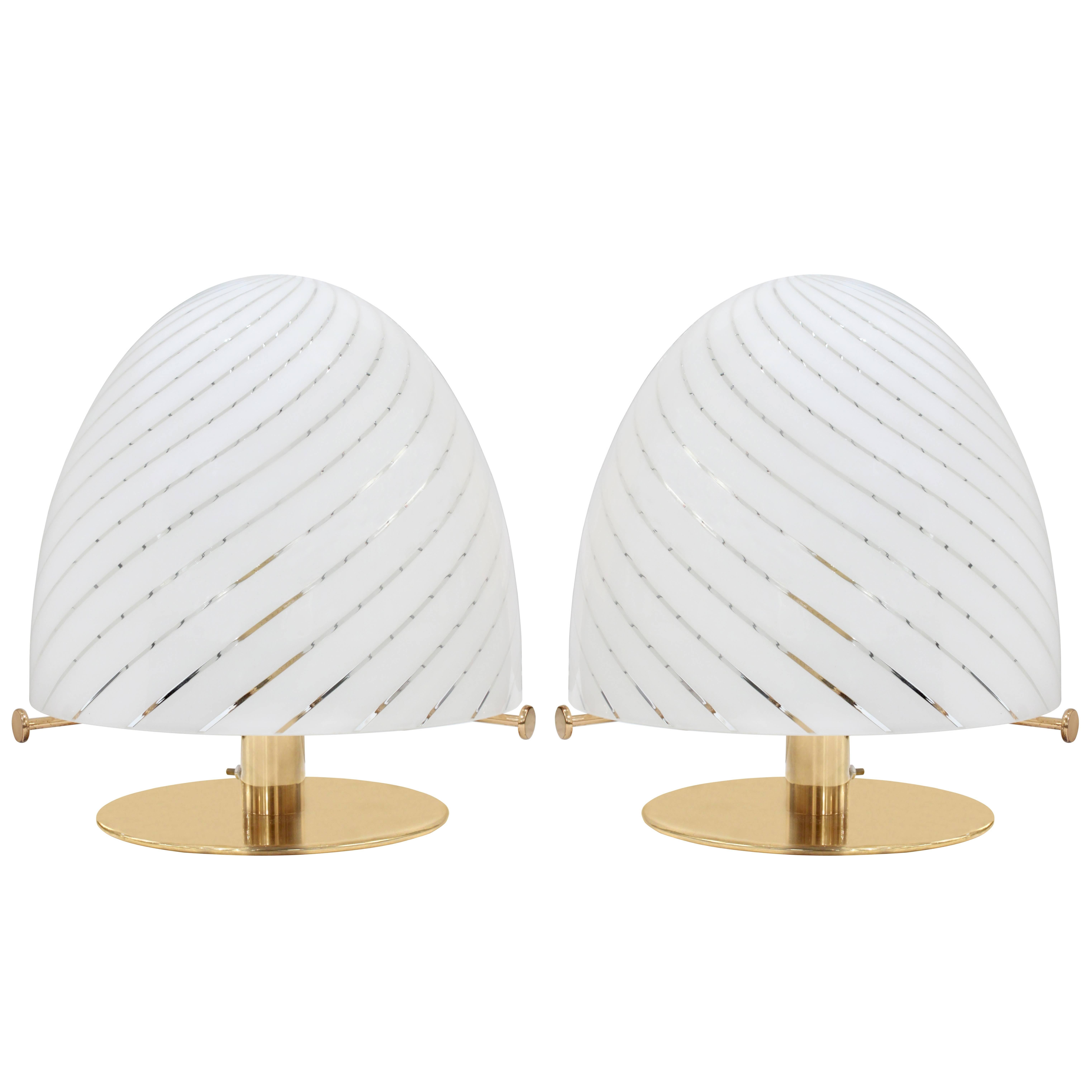 Pair of Sculptural Brass Table Lamps with Dome-Shape Glass Shades