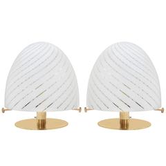 Pair of Sculptural Brass Table Lamps with Dome-Shape Glass Shades