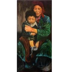 Vintage Portrait Painting of Tibetan Mother and Child, Oil on Canvas