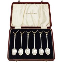 Sterling Silver Coffee/Tea Spoons with Cast Pheasant Terminals, Antique George V