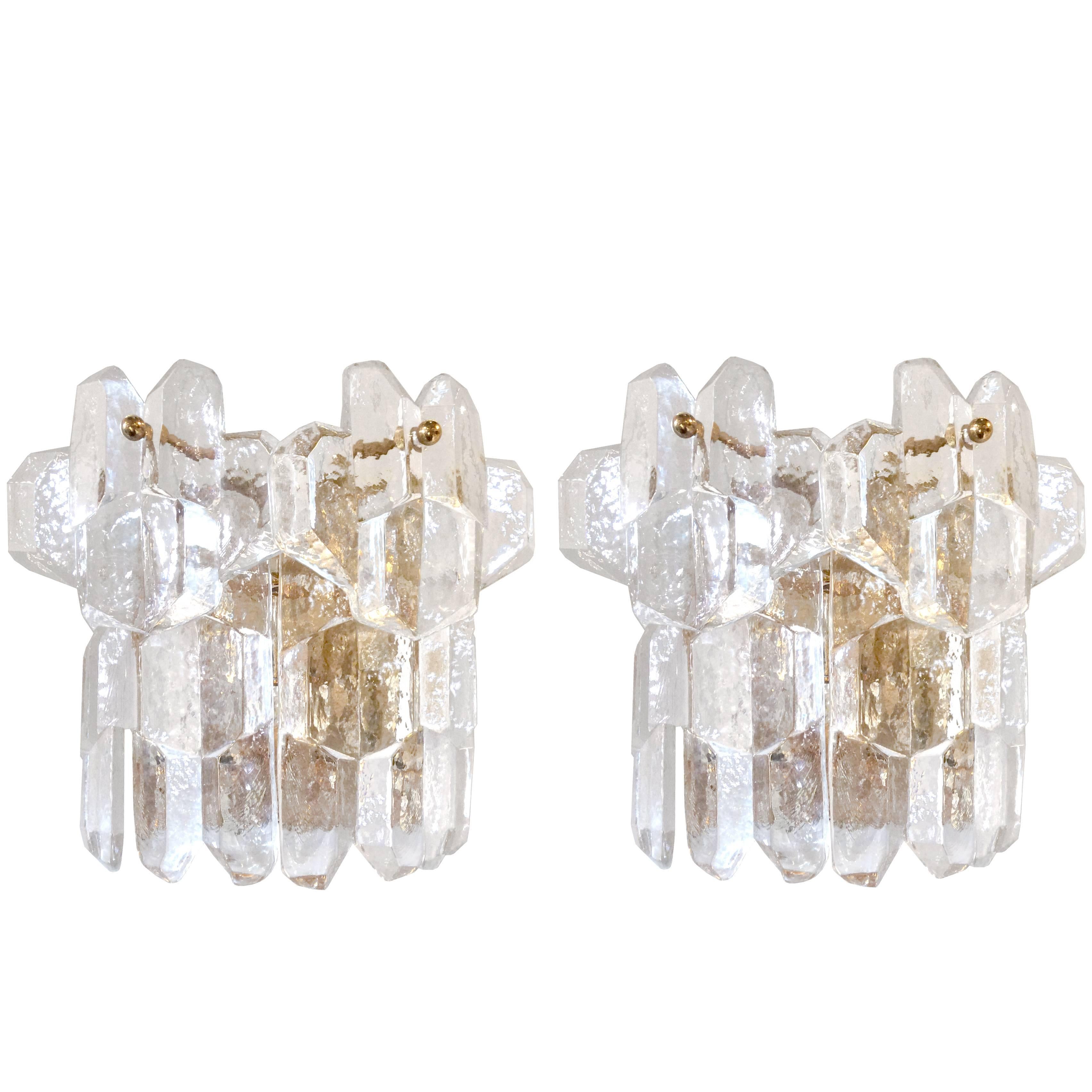 Pair of Thick Textured Glass Sconces by J. T. Kalmar For Sale