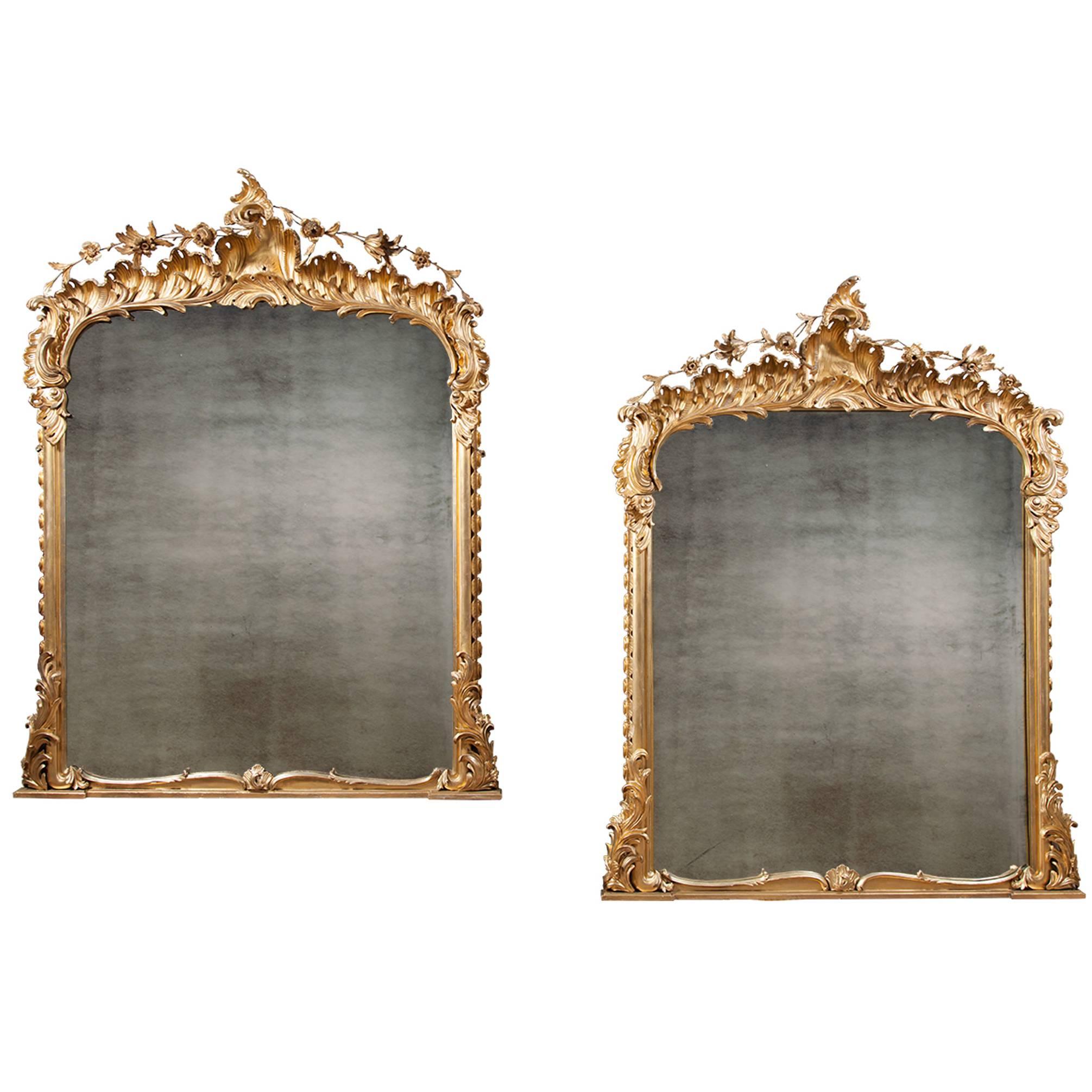 Pair of Irish Antique Carved Giltwood Overmantel Mirrors