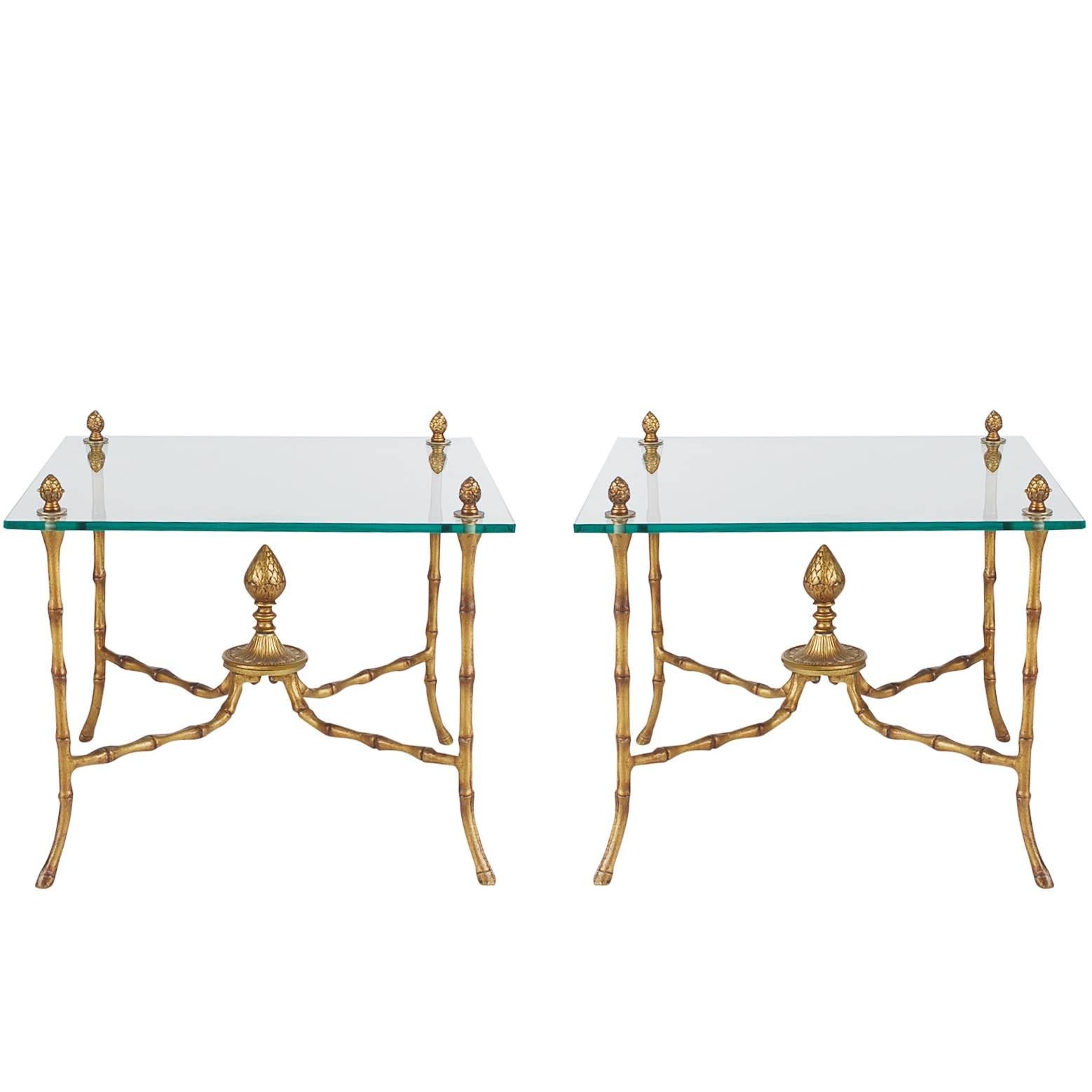 Hollywood Regency Faux Bamboo and Glass End Tables