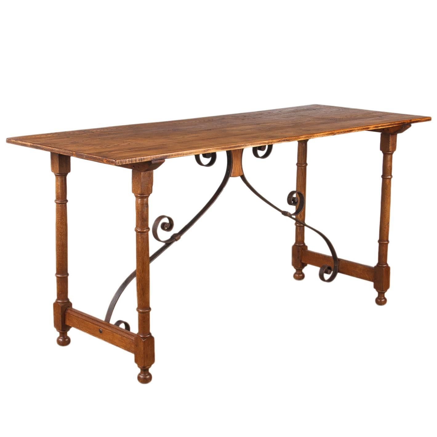19th Century Spanish Oak Console Table with Iron Stretcher