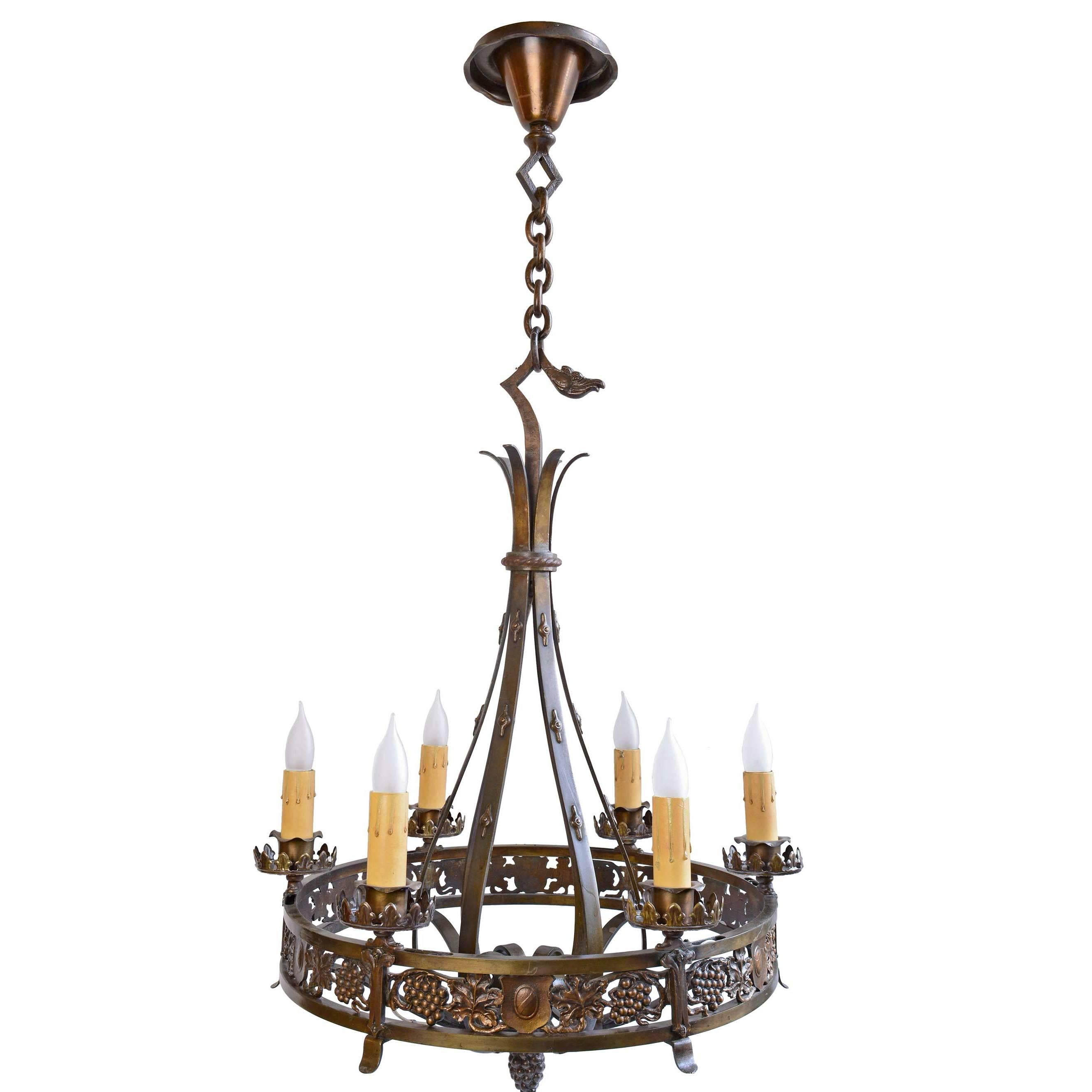 Cast Brass Tudor Revival Chandelier with Grape Motif circa 1920