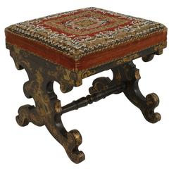 Antique 19th Century English Gold-Stenciled Papier Mâché Bench with Crewelwork Seat