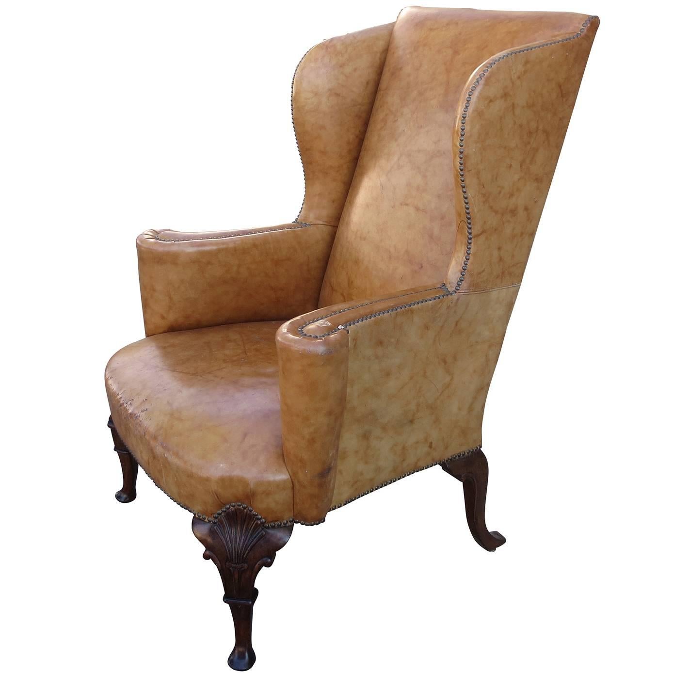 19th Century English Georgian Style Leather Wing Chair, Walnut Cabriole Legs For Sale