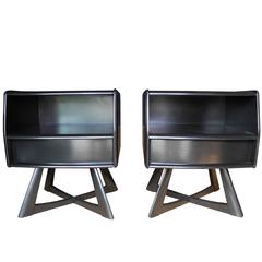 Black Atomic Age Solid Wood Nightstands, Bedsides by Heywood-Wakefield 