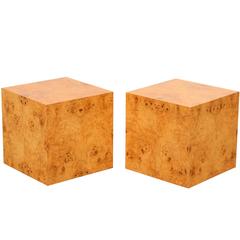 Pair of Burled Elm by Milo Baughman Cube Side Tables, 1970