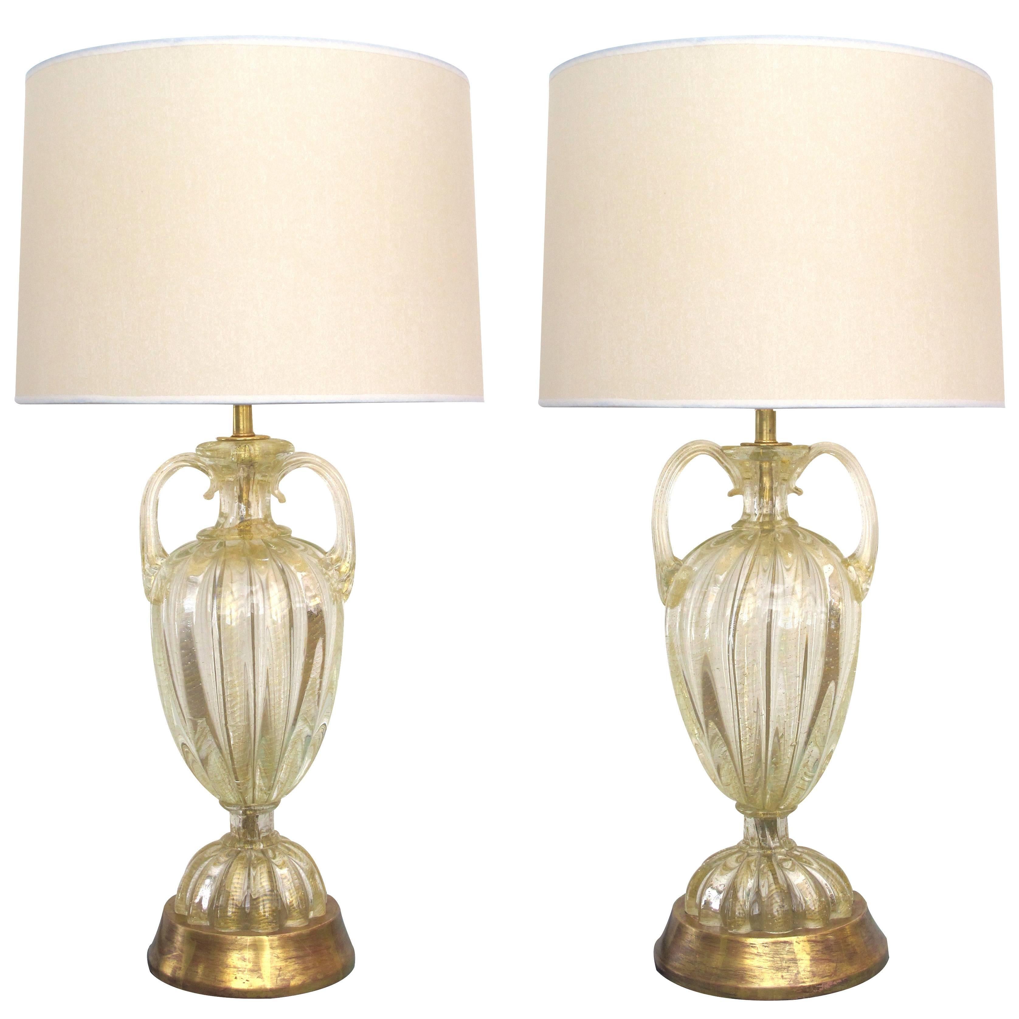 Pair of Murano Gold Aventurine Art Glass Urn-Form Lamps by Barovier & Toso