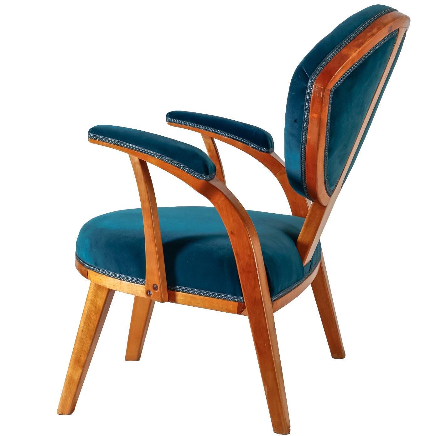 Swedish Beech and Jade Green Velvet Armchair, 1930s-1940s For Sale