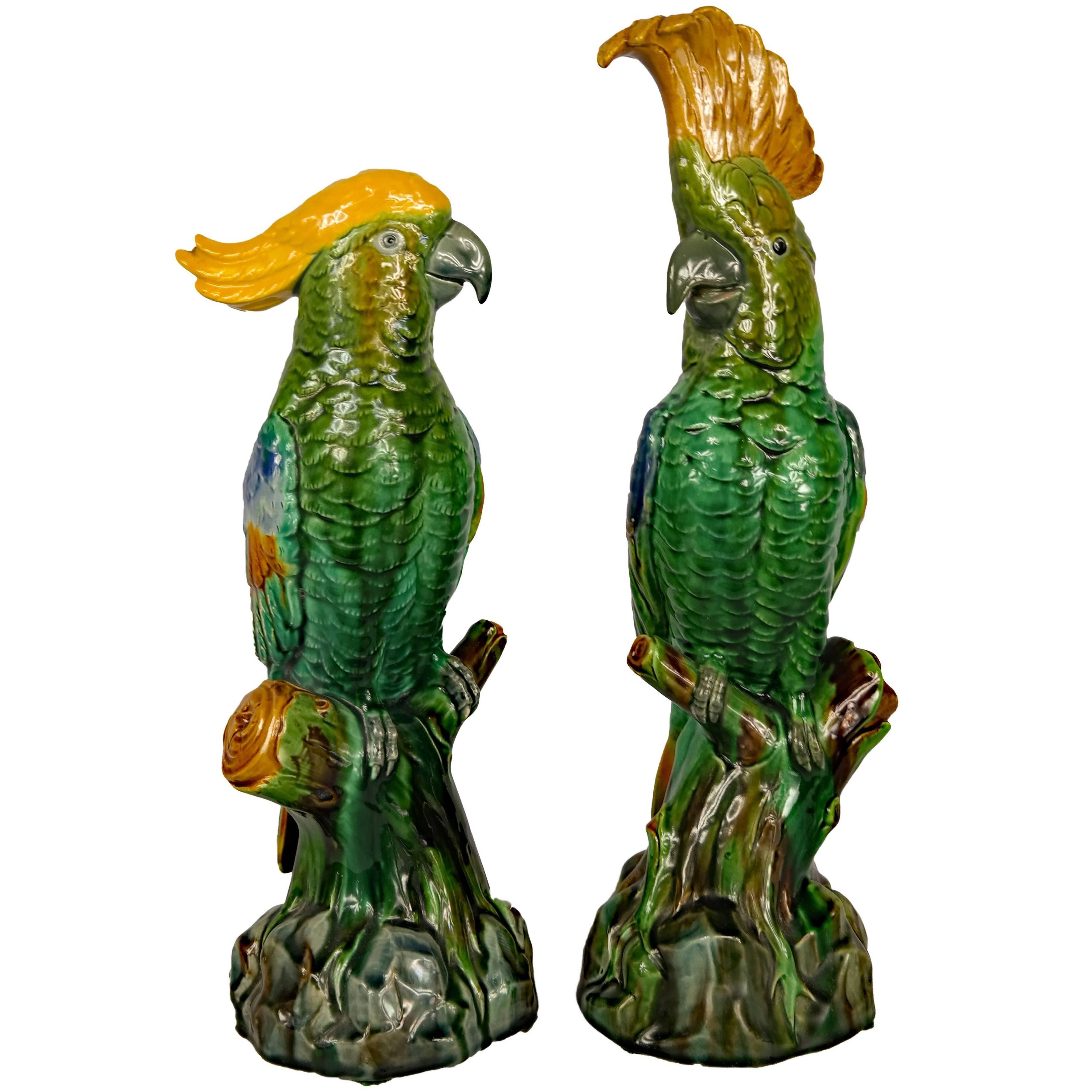 Pair of Minton Majolica Parrots, circa 1890
