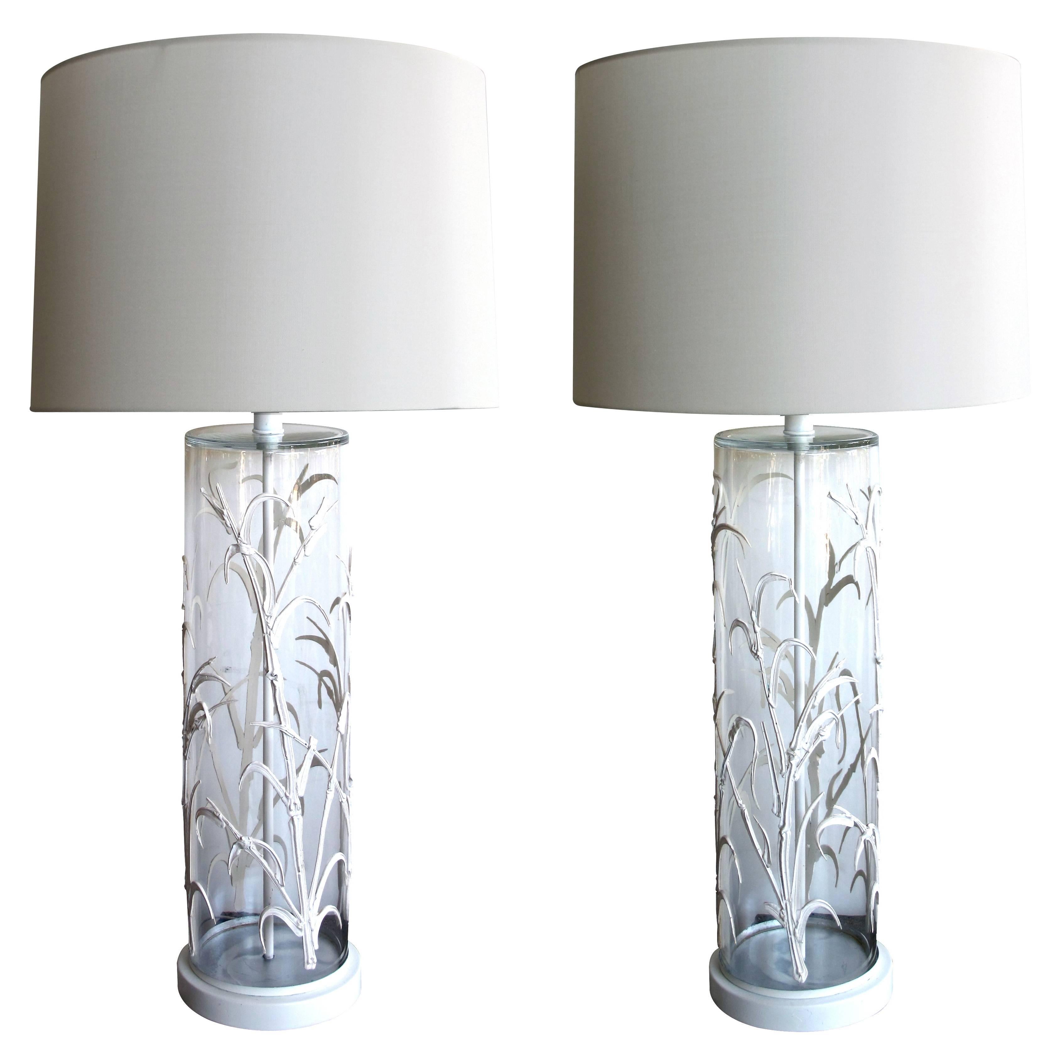 Pair of American Cylindrical Glass Lamps with Applied Bamboo Decoration For Sale