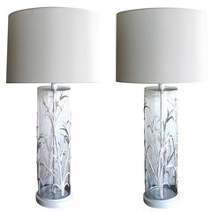 Pair of American Cylindrical Glass Lamps with Applied Bamboo Decoration