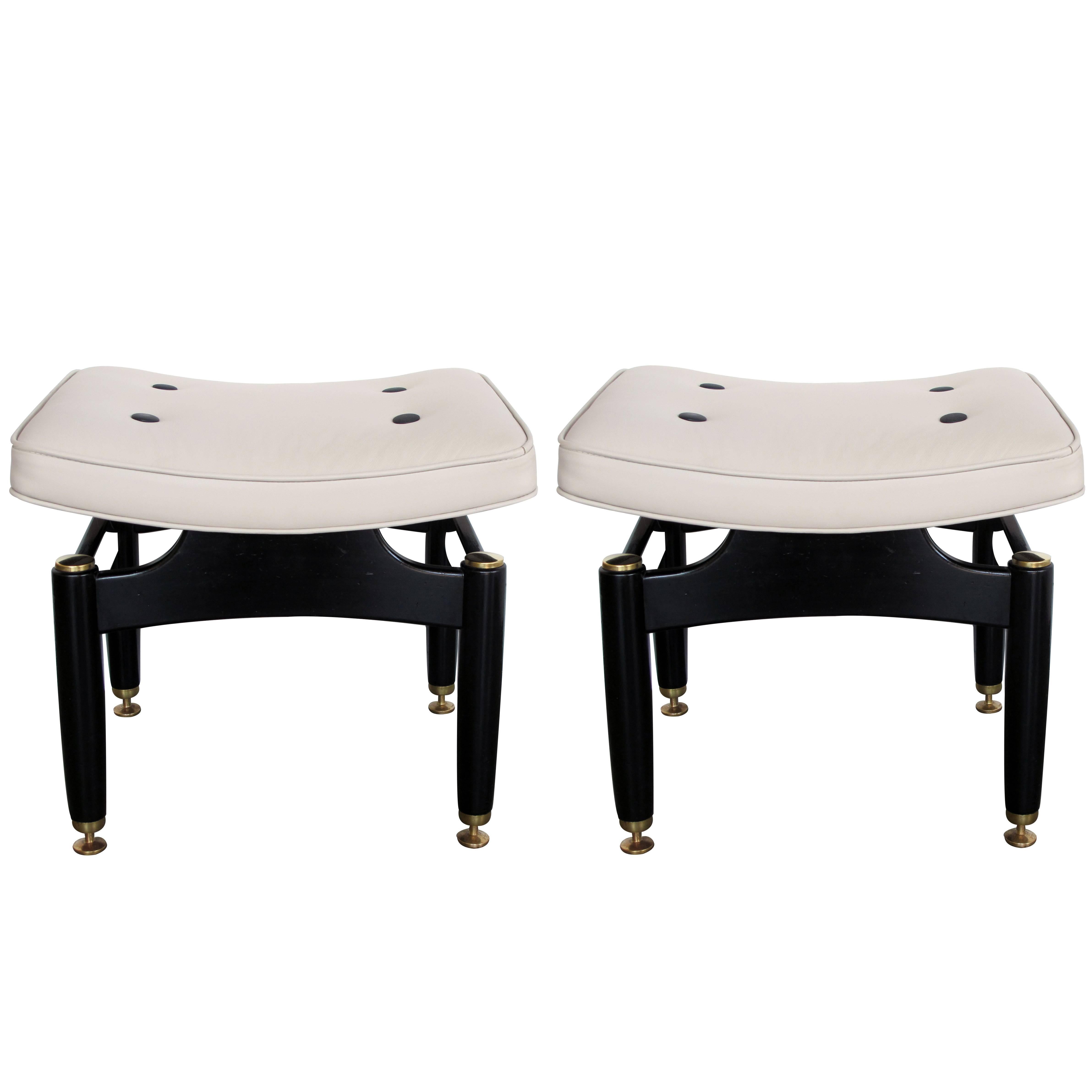 Stylish Pair of English G-Plan Ebonized & Leather Benches; Marked 'EG'