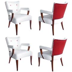 Vintage Stylish Set of Four American 1940s White and Red Leather Upholstered Game Chairs