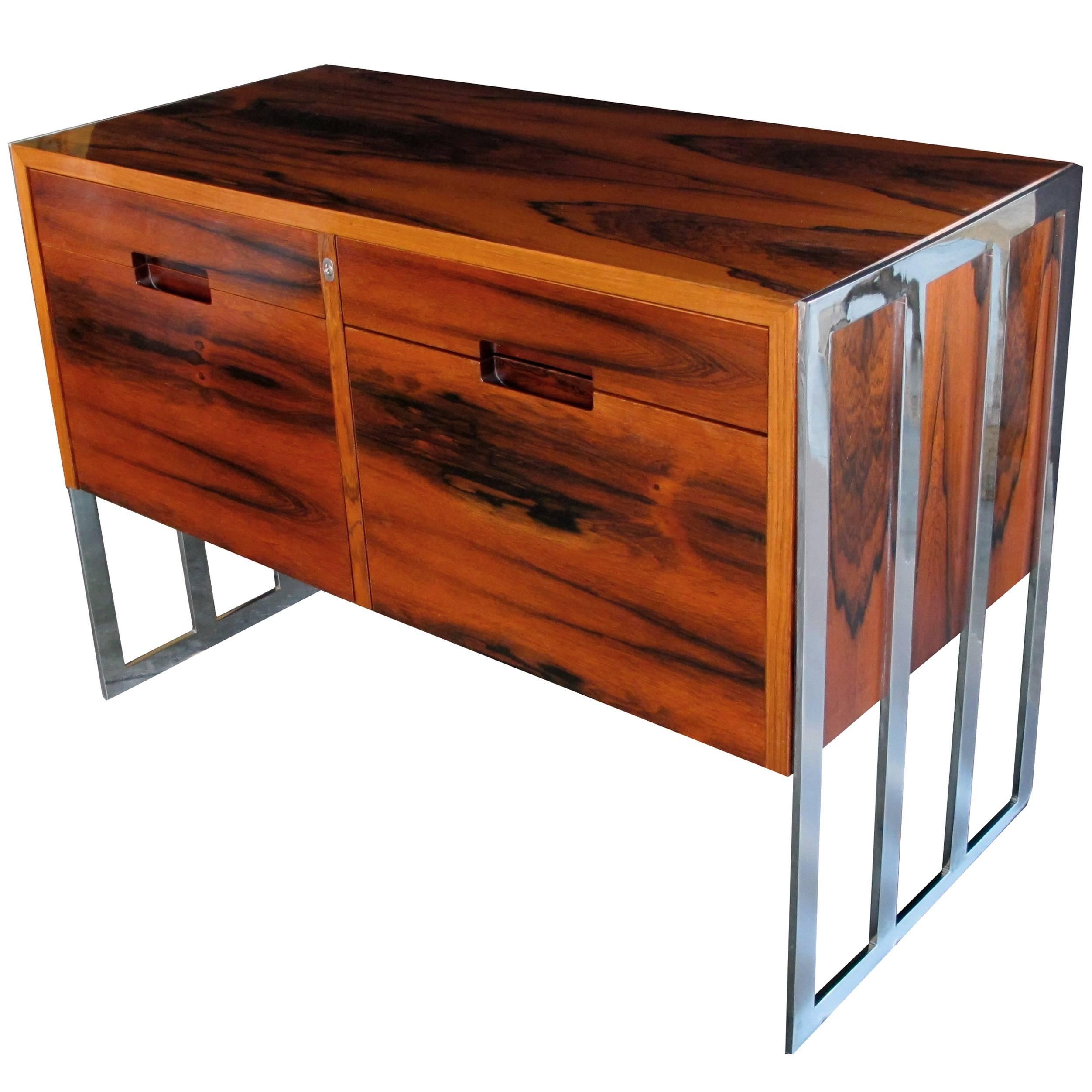 Chic Danish, 1970s, Jacaranda Wood Two-Drawer Cabinet with Chrome Supports For Sale