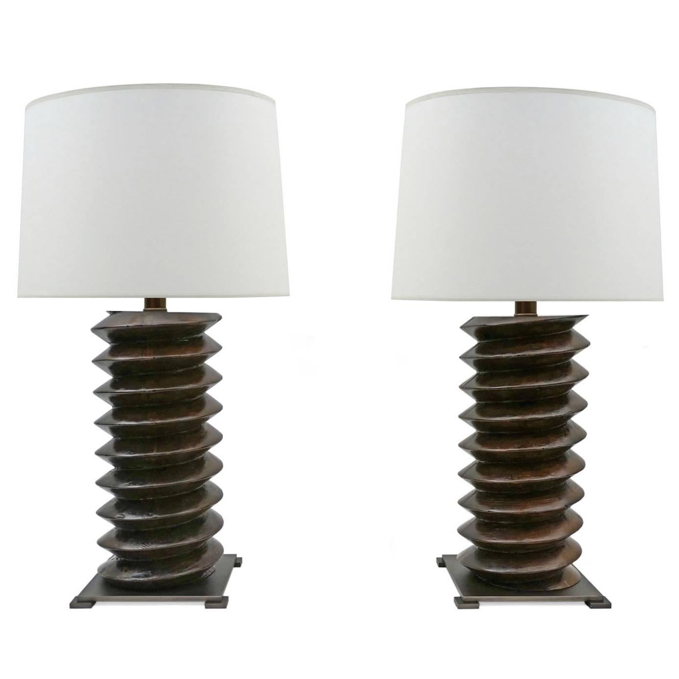 Pair of 19th Century Twisted Wood Table Lamps, France
