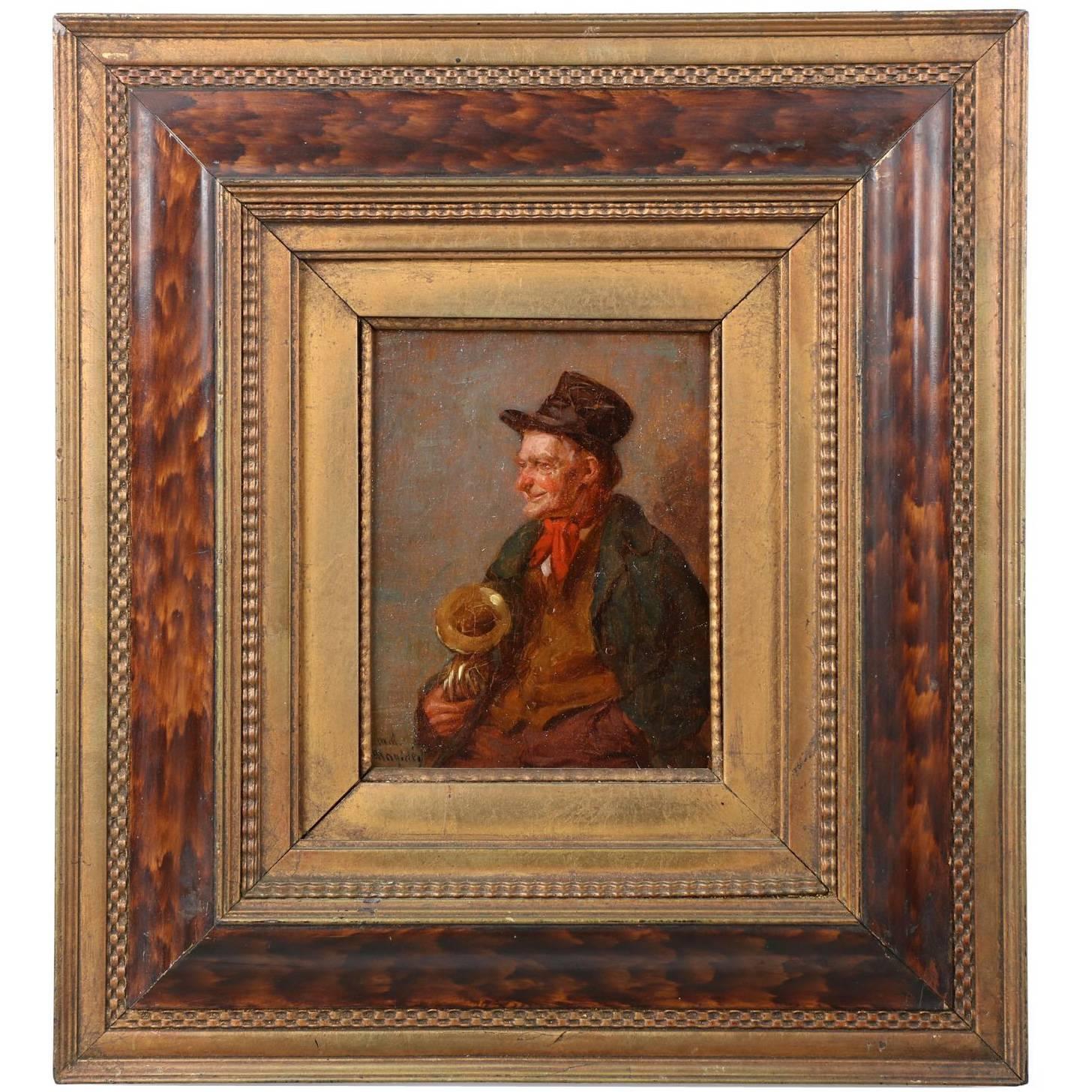 German Antique Oil Painting, "The Wandering Musician" by Wladimir Magidey