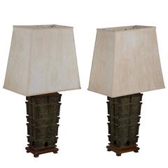 Pair of Verdigris Patinated Table Lamps in the Chinese Taste, circa 1950
