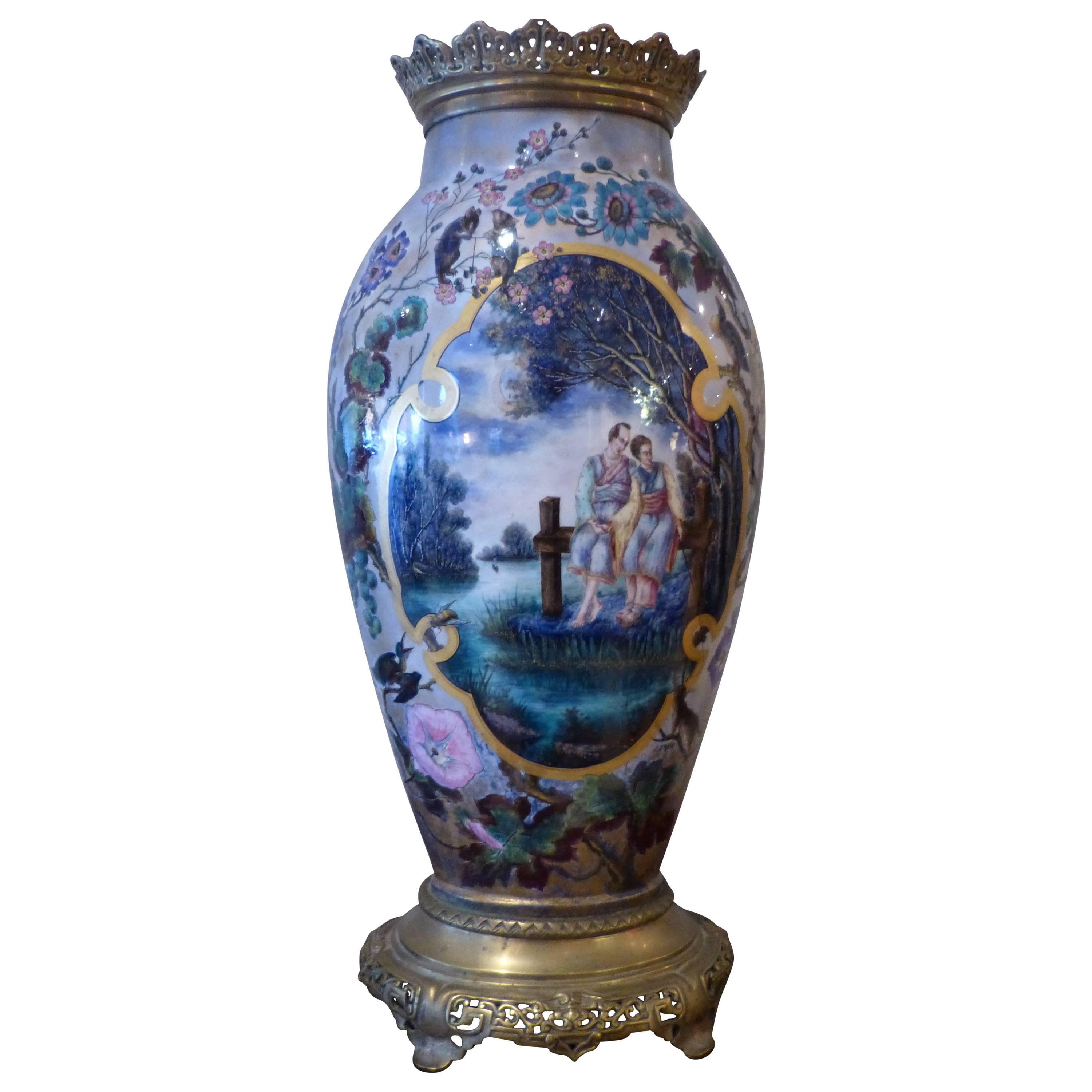 Large Painted Majolica Vase by L.Ernie, in the Taste of Barbedienne, circa 1890 For Sale
