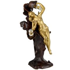 Art Nouveau Bronze Lamp with Nude by Joachim Angles, France, 1900