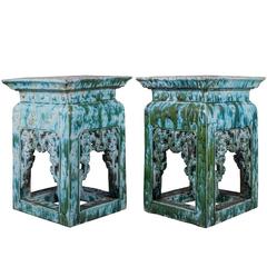 Large Pair of Chinese Green and Blue Glazed Ceramic Pedestals Large Pair of Chinese Green and Blue Glazed Ceramic Pedestals