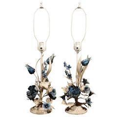 Italian Blue and White Floral Tole Lamps