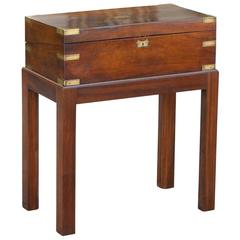 Antique English Rosewood Writing Box or Lap Desk with Blue Velvet and Custom Stand