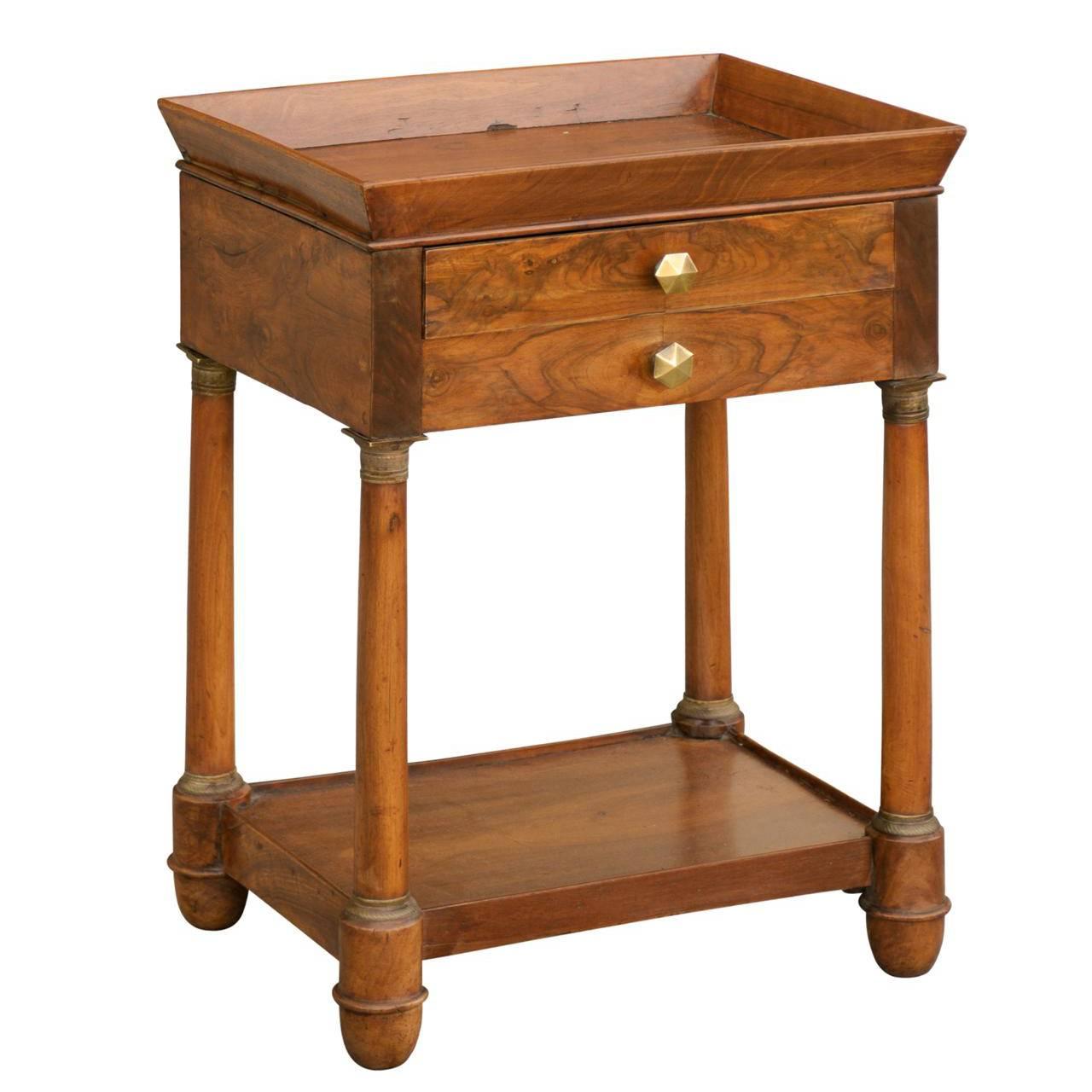 French Empire Walnut Tray Top Table with Drawers, Doric Columns and Bottom Shelf For Sale