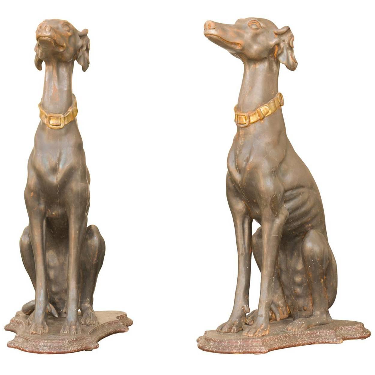 Pair of Italian Carved Wood Seated Greyhound Sculptures from the 19th Century