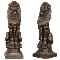 Pair of English Late 19th Century Large Wooden Carved Lions on Bases
