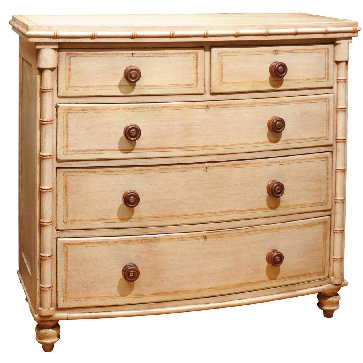 English Mid 19th Century Painted Five-Drawer Chest with Faux-Bamboo Side Posts