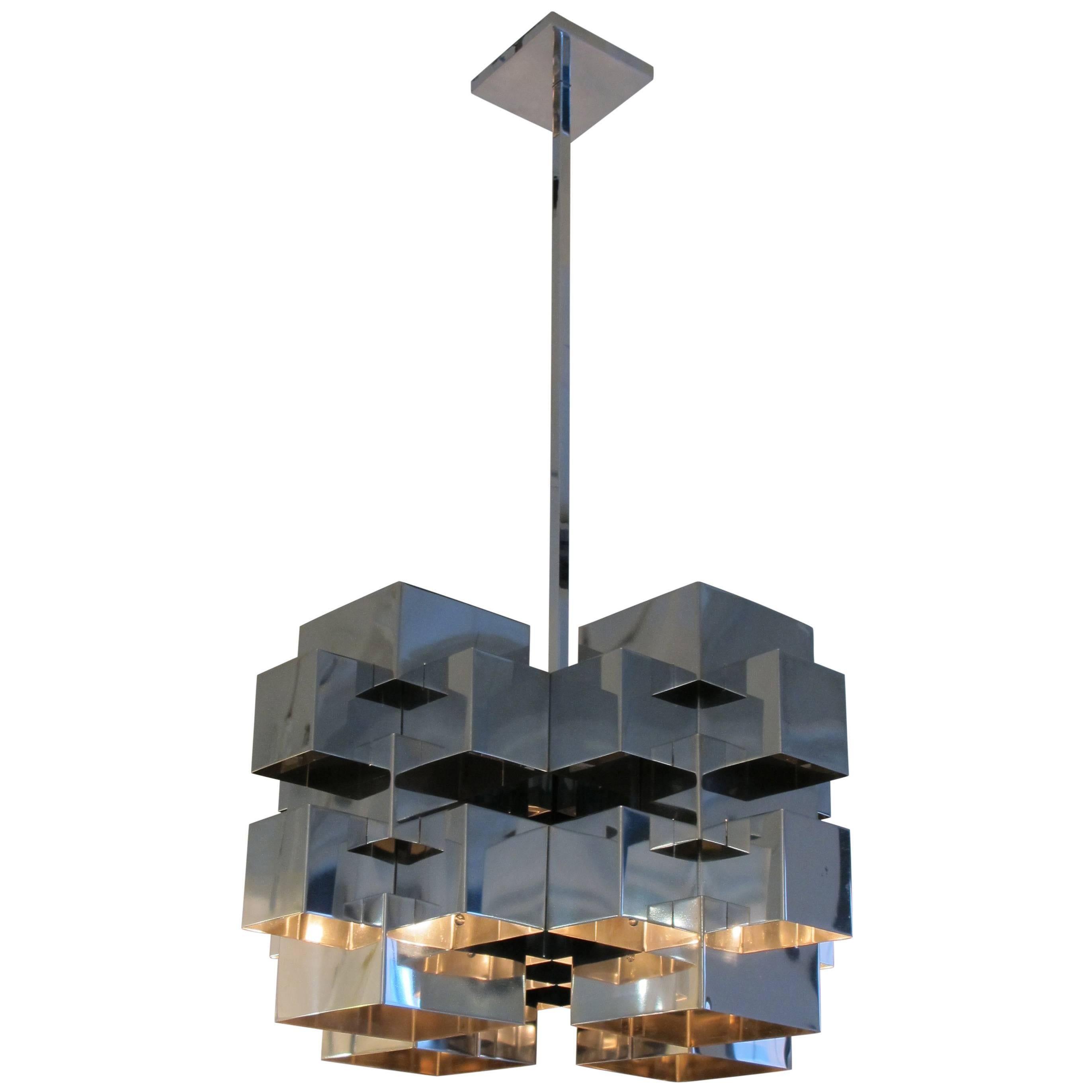 C. Jere Chome Steel Cubist Chandelier Signed 1970s USA