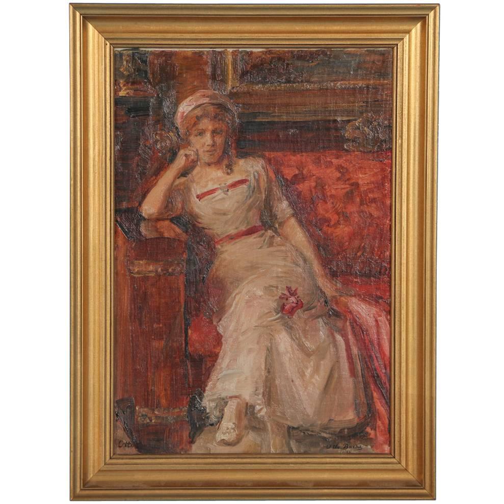 Original Oil Painting of Young Woman on Couch, signed Otto Bache, circa 1911
