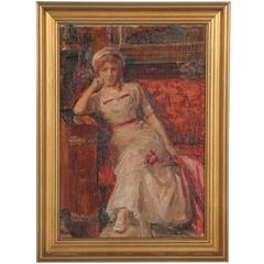 Original Oil Painting of Young Woman on Couch, signed Otto Bache, circa 1911