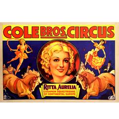 Vintage American Circus Poster for Cole Bros & Ritta Aurelia, 1939