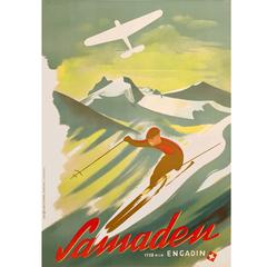 Swiss Art Deco Period Ski Poster for Samaden, 1937