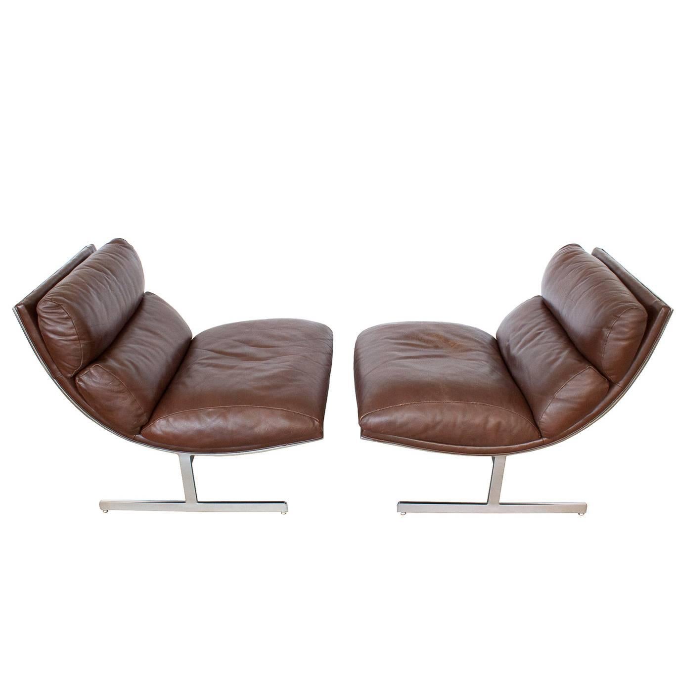 Pair of Kipp Stewart Brown Leather Lounge Chairs for Directional