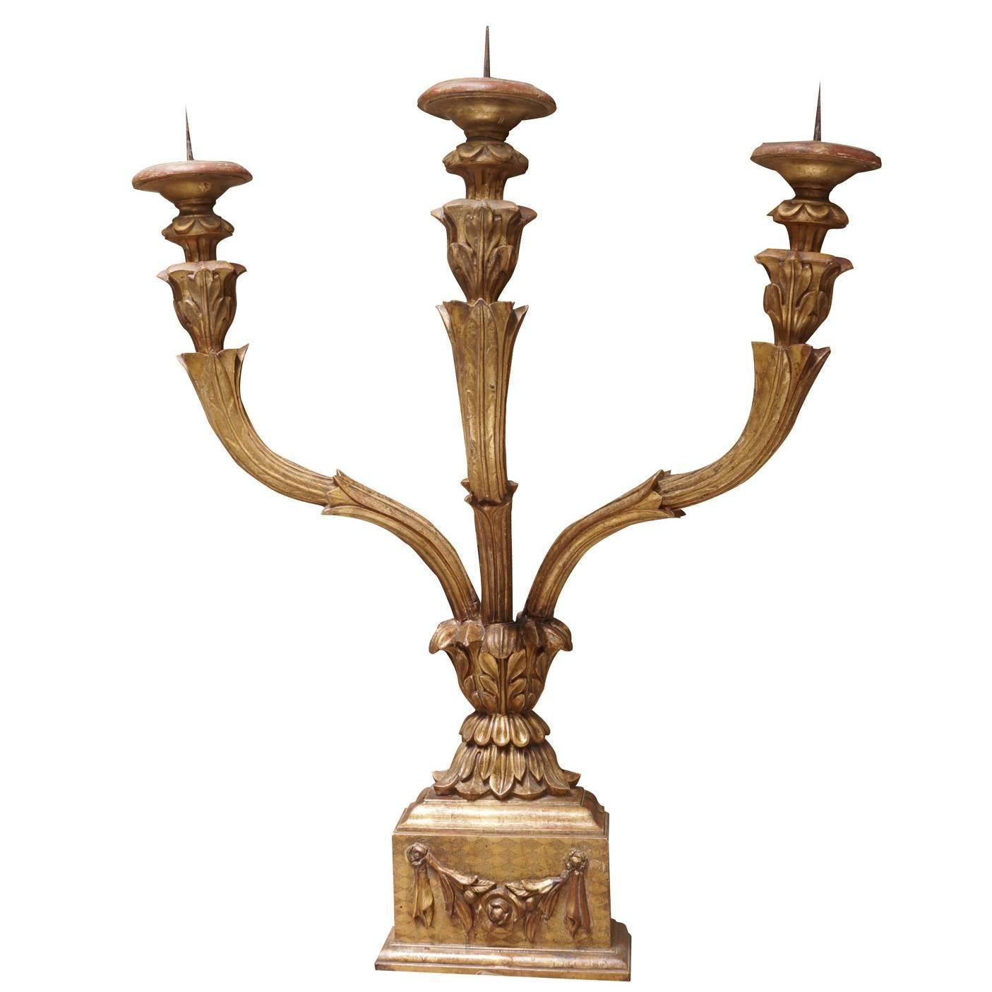 18th Century Italian, Three-Armed Wooden Candelabra For Sale