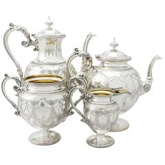 Sterling Silver Four-Piece Tea and Coffee Service, Antique Victorian