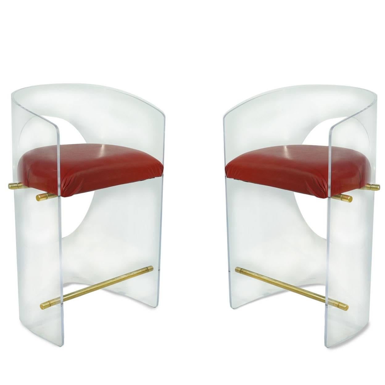 Custom Brass and Lucite Bar Stools by Loft Thirteen For Sale