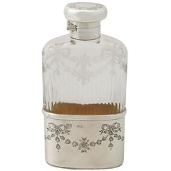 Acid Etched, Cut Glass and Sterling Silver Hip Flask, Antique George V