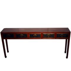 Antique Red Lacquer Console Table with Black Lacquer Drawers from 19th Century, China