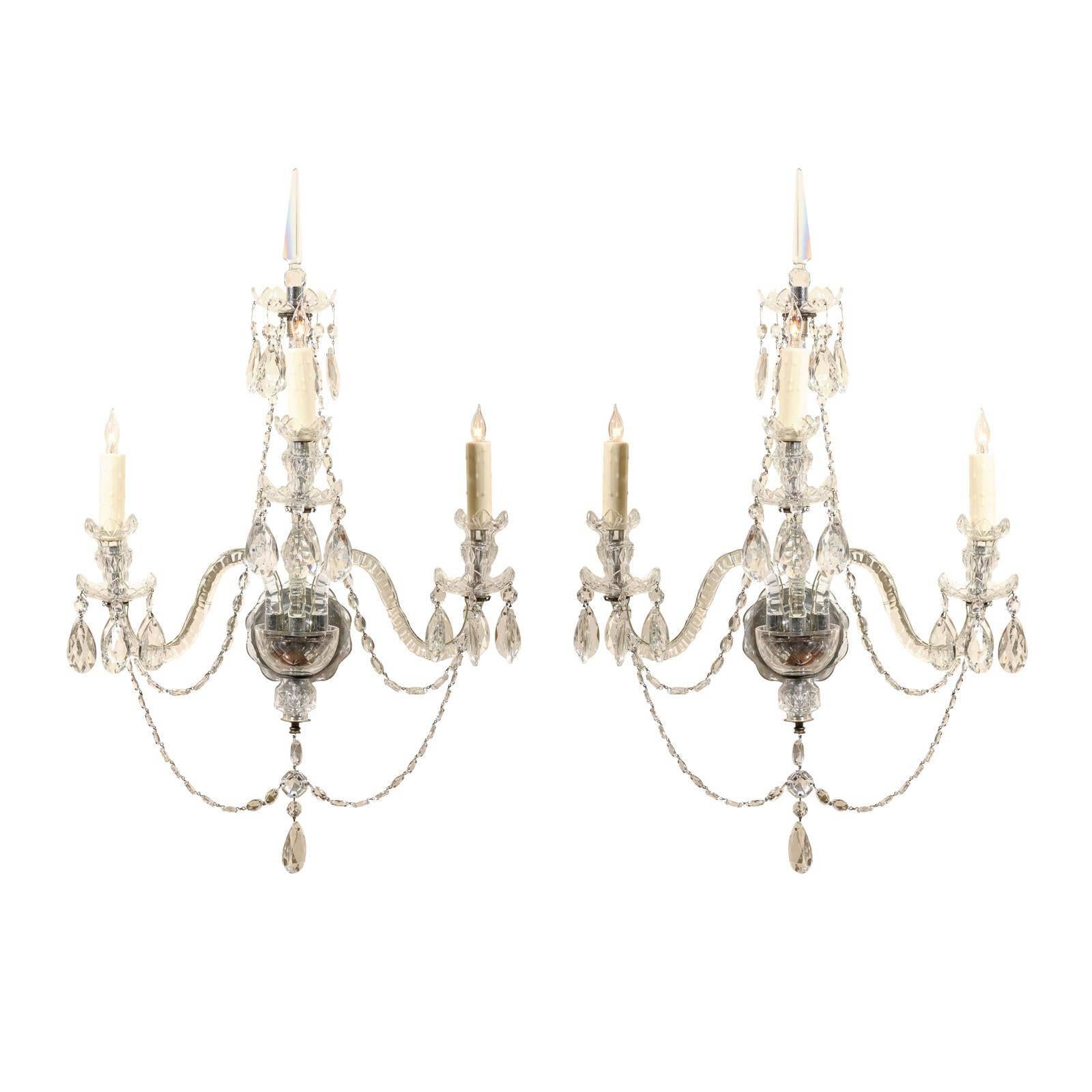 Pair of Cut Crystal Arm Sconces with Three Lights