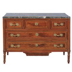 Louis XVI Style Commode in Walnut, Kingwood and Tulipwood with Grey Marble Top