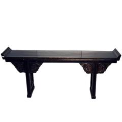 Antique Black Lacquer Console Table with Carved Details from China, circa 1800s