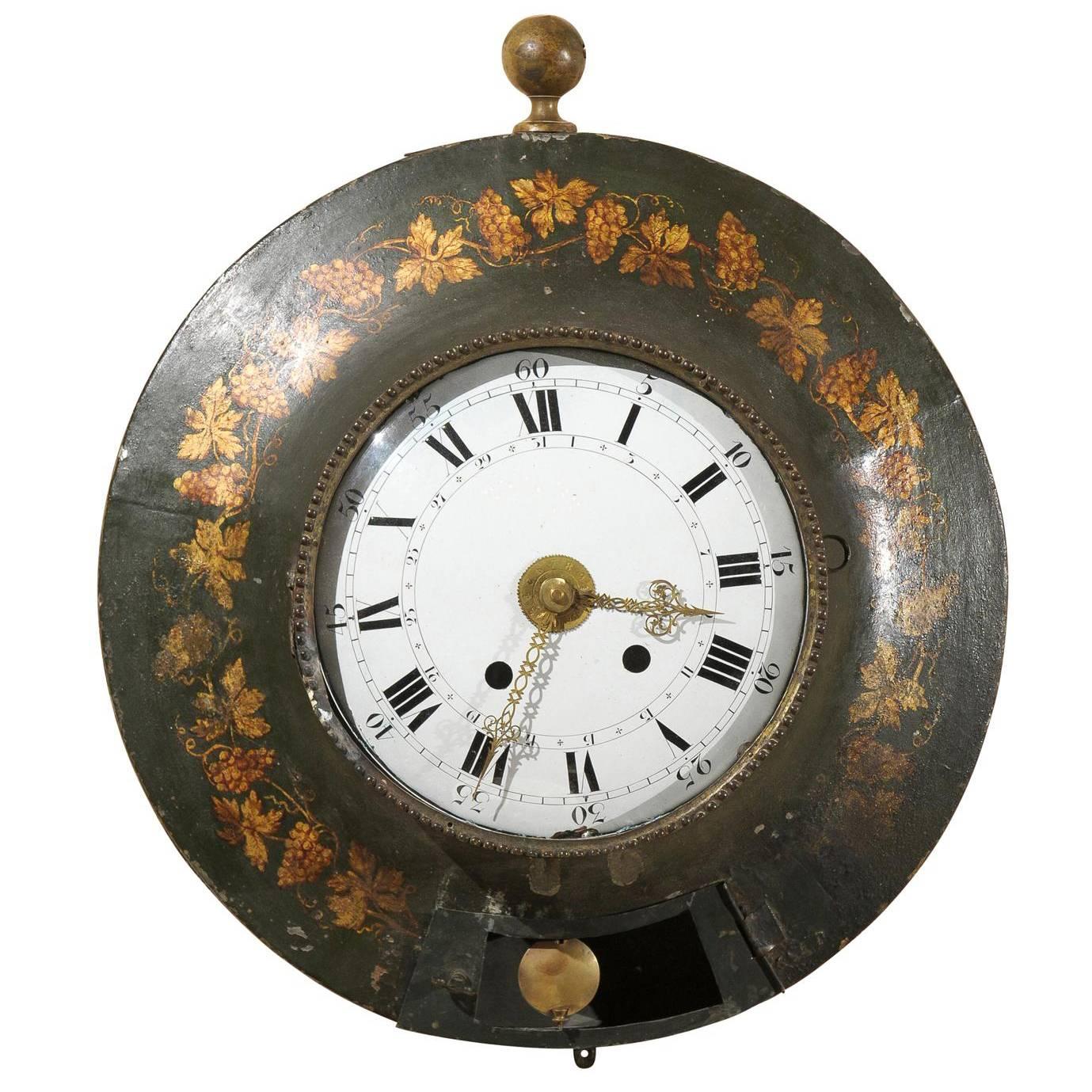 Large 19th Century French Painted Tole Wall Clock with Grapevine Detail